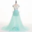 Chic / Beautiful Pool Blue Summer Evening Dresses  2018 A-Line / Princess Pierced Lace Appliques V-Neck 3/4 Sleeve Sweep Train Formal Dresses
