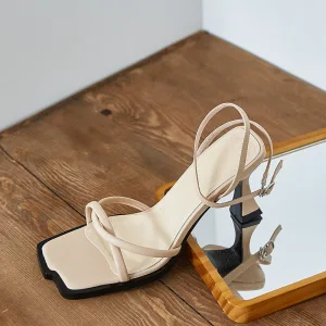 Simple Beige Vêtement De Rue Cuir Sandales Femme 2020 Bride Cheville 7 Cm Talons Aiguilles Peep Toes Bout Ouvert Sandales