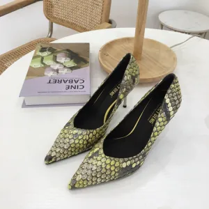 Mode Jaune Soirée Écailles De Poisson Escarpins 2020 Cuir 8 Cm Talons Aiguilles À Bout Pointu Escarpins