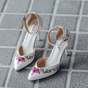 Fashion Ethnic Summer White Outdoor Garden Womens Sandals 2020 Ankle Strap 8 Cm Stiletto Heels Pointed Toe Sandals