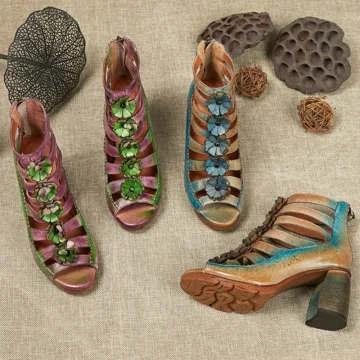 Vintage Etnisch Zomer Paarse Straatkleding Sandalen Dames 2020 Leer Bloem 6 Cm Dikke Hak Peep Toe Sandalen