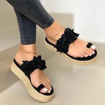 Affordable Summer Black Beach Womens Sandals 2020 Flower 4 Cm Wedges Open Peep Toe Sandals