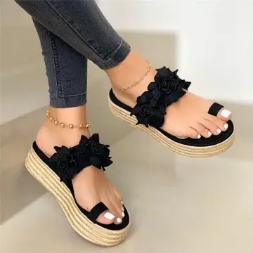 Affordable Summer Black Beach Womens Sandals 2020 Flower 4 Cm Wedges Open Peep Toe Sandals