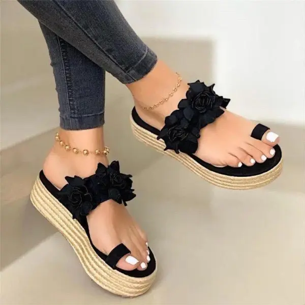 Abordable Été Noire Plage Sandales Femme 2020 Fleur 4 cm Compensées Peep Toes / Bout Ouvert Sandales