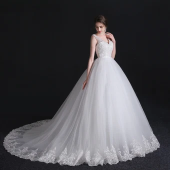 Simple Blanche Robe De Mariée 2018 Robe Boule En Dentelle V Cou Dos Nu Sans Manches Tribunal Train Mariage