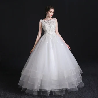 Chic Belle Blanche Robe De Mariée 2018 Robe Boule En Dentelle Fleur Appliques Encolure Dégagée Sans Manches Longue Mariage