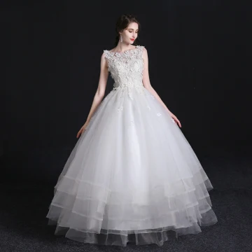Chic Belle Blanche Robe De Mariée 2018 Robe Boule En Dentelle Fleur Appliques Encolure Dégagée Sans Manches Longue Mariage