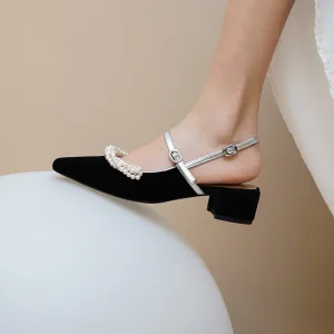 Chic Beautiful Black Dating Pearl Womens Sandals 2020 Leather 3 Cm Low Heel Pointed Toe Sandals