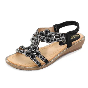 Bohemia Black Summer Beach Womens Sandals 2020 Rhinestone Flat Open Peep Toe Sandals