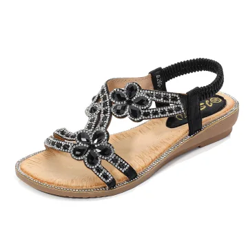 Bohême Noire Été Plage Sandales Femme 2020 Faux Diamant Plate Peep Toes Bout Ouvert Sandales