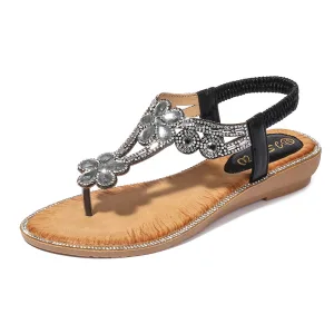 Bohemen Zwarte Strand Sandalen Dames 2020 Rhinestone Platte Peep Toe Sandalen