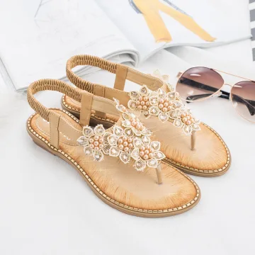 Bohemia Beige Beach Summer Womens Sandals 2020 Pearl Rhinestone Open Peep Toe Flat Sandals