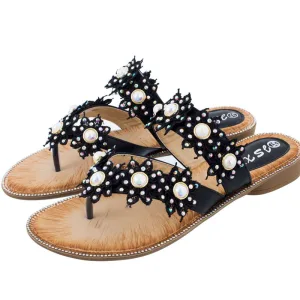 Bohemen Zwarte Strand Sandalen Dames 2020 Kant Bloem Rhinestone Platte Peep Toe Sandalen