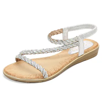 Bohemia Charming Summer Silver Beach Womens Sandals 2020 Rhinestone Open Peep Toe Flat Sandals