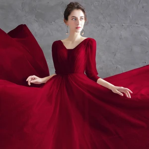 Chic Beautiful Burgundy Prom Dresses 2021 A Line Princess V Neck 3 4 Sleeve Sash Floor Length Long Prom Formal Dresses