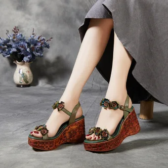Vintage Retro Clover Green Street Wear Womens Sandals 2020 Leather Flower 7 Cm Wedges Open Peep Toe Sandals