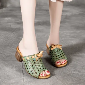 Vintage Sommar Klövergrön Casual Sandaler Dam 2020 Läder Rosett 6 Cm Tjocka Klackar Peep Toe Pierced Sandaler