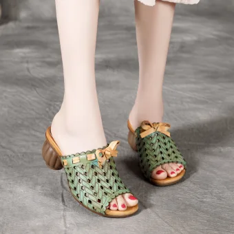 Vintage Retro Summer Clover Green Casual Womens Sandals 2020 Leather Bow 6 Cm Thick Heels Open Peep Toe Pierced Sandals