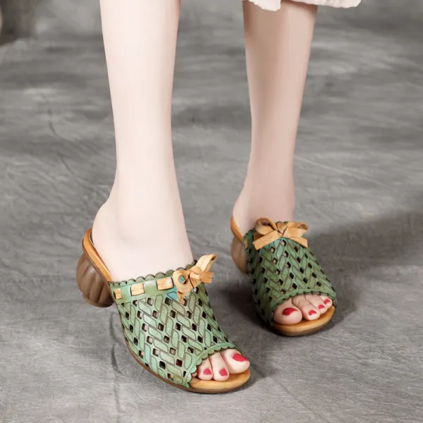 Vintage / Retro Summer Clover Green Casual Womens Sandals 2020 Leather Bow 6 cm Thick Heels Open / Peep Toe Pierced Sandals