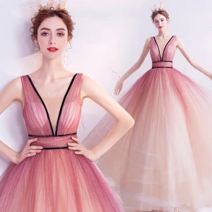 Charmant Dégradé De Couleur Rose Bonbon Robe De Bal 2020 Robe Boule V Cou Glitter Paillettes Sans Manches Dos Nu Longue Robe De Ceremonie