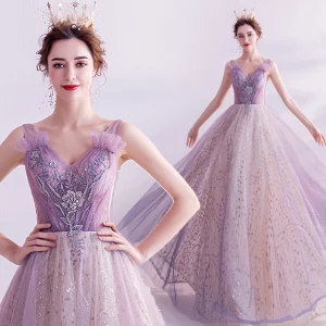Charming Glitter Purple Evening Dresses 2020 A Line Princess V Neck Beading Pearl Lace Flower Sleeveless Backless Floor Length Long Formal Dresses