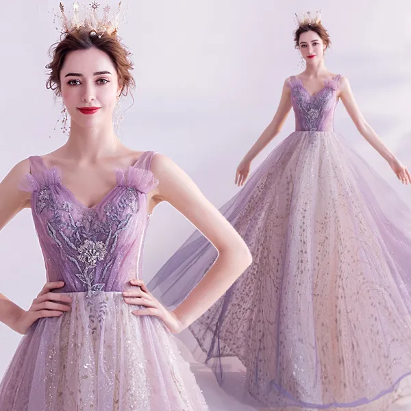 Charming Glitter Purple Evening Dresses  2020 A-Line / Princess V-Neck Beading Pearl Lace Flower Sleeveless Backless Floor-Length / Long Formal Dresses