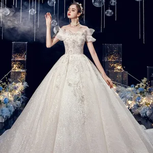 Charming Ivory Wedding Dresses 2020 Ball Gown Off The Shoulder Glitter Sequins Beading Lace Flower Short Sleeve Backless Royal Train