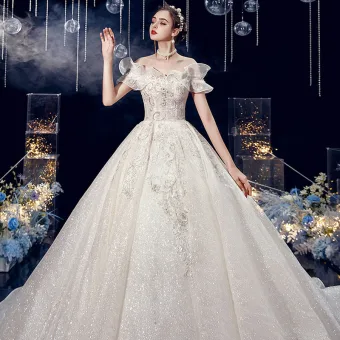 Charming Ivory Wedding Dresses 2020 Ball Gown Off The Shoulder Glitter Sequins Beading Lace Flower Short Sleeve Backless Royal Train
