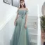 Elegant Sage Green Evening Dresses  2020 A-Line / Princess Off-The-Shoulder Beading Sequins Appliques Short Sleeve Backless Floor-Length / Long Formal Dresses