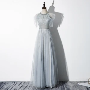 Elegant Grey Evening Dresses 2020 A Line Princess Scoop Neck Beading Glitter Sequins Sleeveless Backless Floor Length Long Formal Dresses