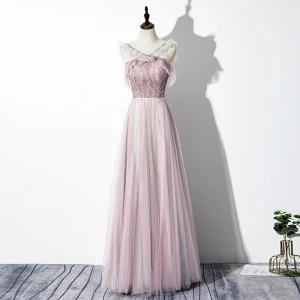 Chic Belle Rougissant Rose Robe De Soirée 2020 Princesse V Cou Perlage Sans Manches Dos Nu Longue Robe De Ceremonie