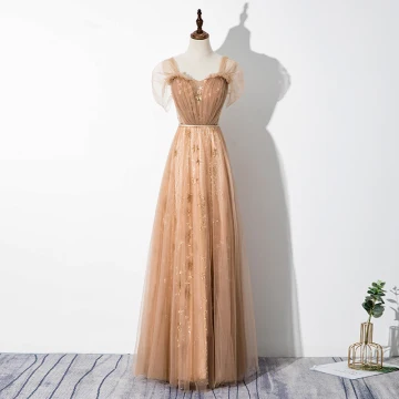 Élégant Champagne Robe De Soirée 2020 Princesse Encolure Carrée Étoile En Dentelle Paillettes Manches Courtes Dos Nu Longue Robe De Ceremonie