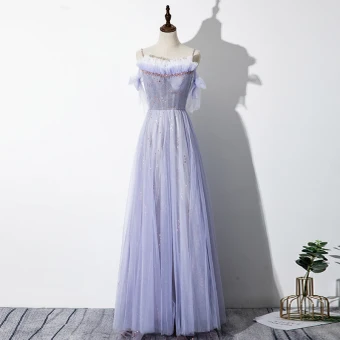 Elegant Lavender Evening Dresses 2020 A Line Princess Spaghetti Straps Beading Star Backless Sleeveless Bow Floor Length Long Formal Dresses