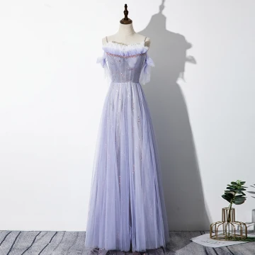 Elegant Lavender Evening Dresses 2020 A Line Princess Spaghetti Straps Beading Star Backless Sleeveless Bow Floor Length Long Formal Dresses