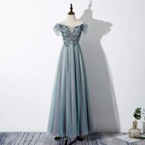 Chic Belle Vert Jade Robe De Soirée 2020 Princesse De L 039 Épaule Perlage Paillettes En Dentelle Fleur Manches Courtes Dos Nu Longue Robe De Ceremonie
