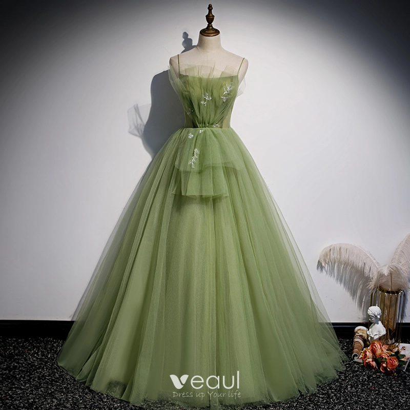 Elegant Clover Green Ruffle Prom Dresses 2020 A-Line / Princess Spaghetti  Straps Pearl Sleeveless Backless Floor-Length / Long Formal Dresses