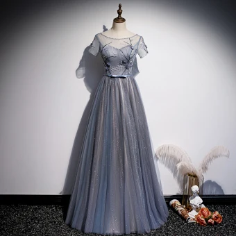 Chic Belle Océan Bleu Robe De Soirée 2020 Princesse Perlage En Dentelle Fleur Paillettes Encolure Dégagée Manches Courtes Dos Nu Longue Robe De Ceremonie