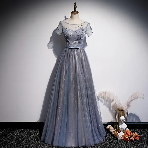 Chic / Beautiful Ocean Blue Evening Dresses  2020 A-Line / Princess Beading Lace Flower Sequins Scoop Neck Short Sleeve Backless Floor-Length / Long Formal Dresses
