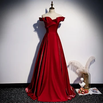 Elegant Burgundy Satin Evening Dresses 2020 A Line Princess Off The Shoulder Sleeveless Backless Floor Length Long Formal Dresses