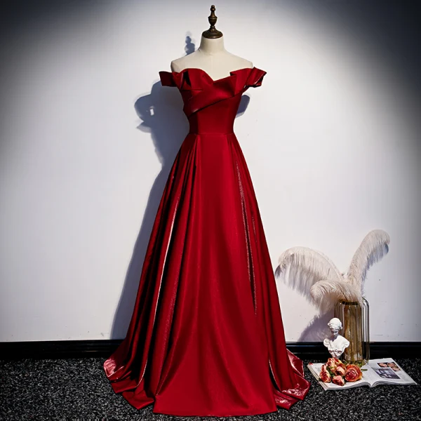 Elegant Burgundy Satin Evening Dresses 2020 A-Line / Princess Off-The-Shoulder Sleeveless Backless Floor-Length / Long Formal Dresses