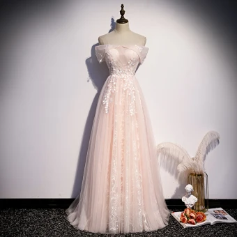 Elegant Blushing Pink Evening Dresses 2020 A Line Princess Off The Shoulder Pearl Sequins Appliques Sleeveless Backless Floor Length Long Formal Dresses