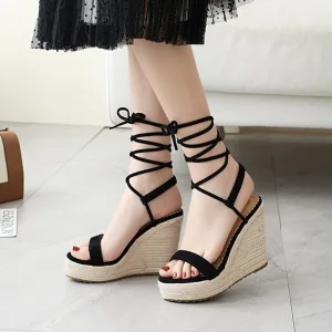 Chic Beautiful Summer Black Street Wear Womens Sandals 2020 Ankle Strap 11 Cm Wedges Open Peep Toe Sandals