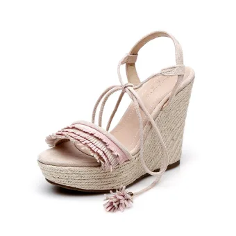 Chic Beautiful Summer Blushing Pink Street Wear Womens Sandals 2020 Ankle Strap Tassel 12 Cm Wedges Open Peep Toe Sandals