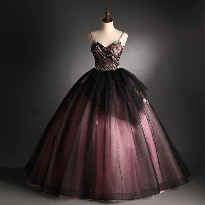 Elegant Black Red Prom Dresses 2021 Ball Gown Spaghetti Straps Beading Pearl Sequins