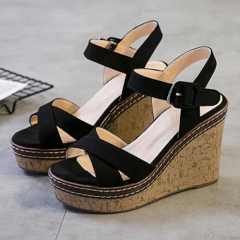 Chic Beautiful Summer Black Street Wear Womens Sandals 2020 10 Cm Wedges Open Peep Toe Sandals