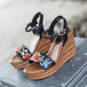 Ethnic Black Street Wear Womens Sandals 2020 Leather 8 Cm Wedges Open Peep Toe Sandals