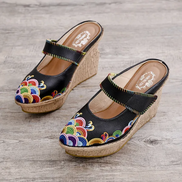 Ethnic Black Casual Leather Womens Sandals 2020 Embroidered 11 cm ...