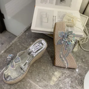 Charming Silver Street Wear Womens Sandals 2020 Sequins Flower Pearl 11 Cm Wedges Open Peep Toe Sandals