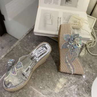 Charmant Argenté Vêtement De Rue Sandales Femme 2020 Paillettes Fleur Perle 11 Cm Compensées Peep Toes Bout Ouvert Sandales