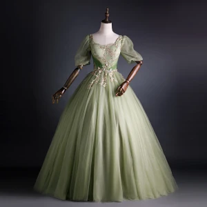 Élégant Vert Cendré Robe De Bal 2021 Robe Boule Encolure Carrée Perle Paillettes En Dentelle Fleur Manches Courtes Dos Nu Longue Promo Robe De Ceremonie